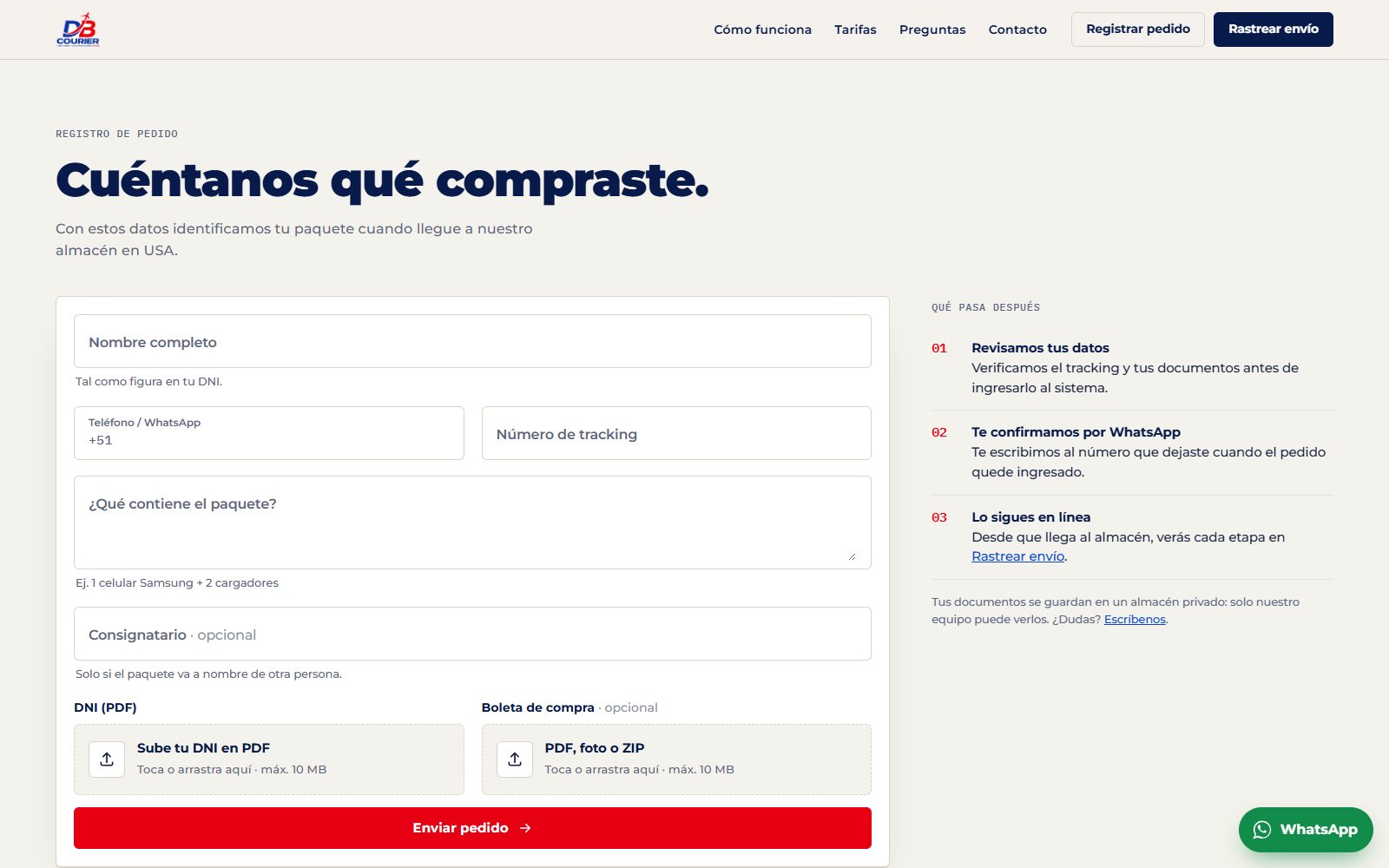 Order registration with document upload to private storage