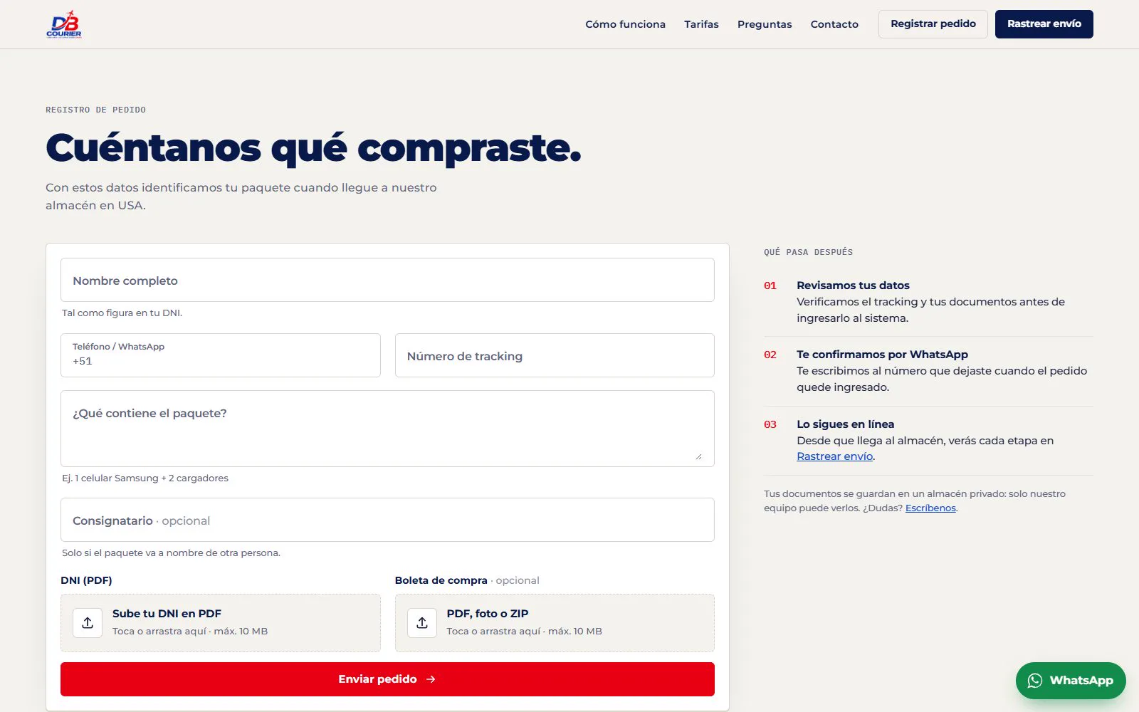Order registration with document upload to private storage