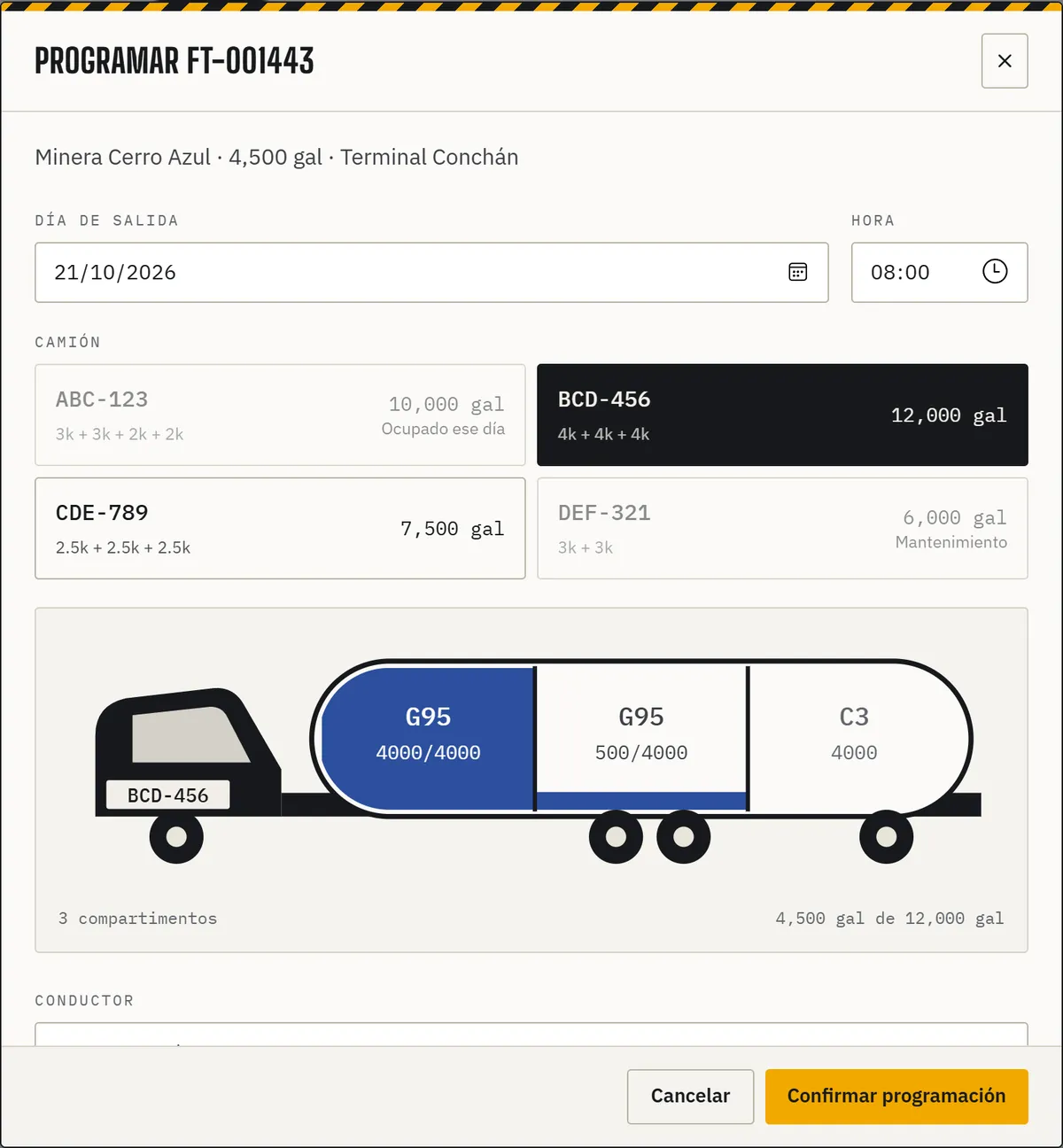 Load plan: each product goes in its own compartment, previewed on the tanker before confirming