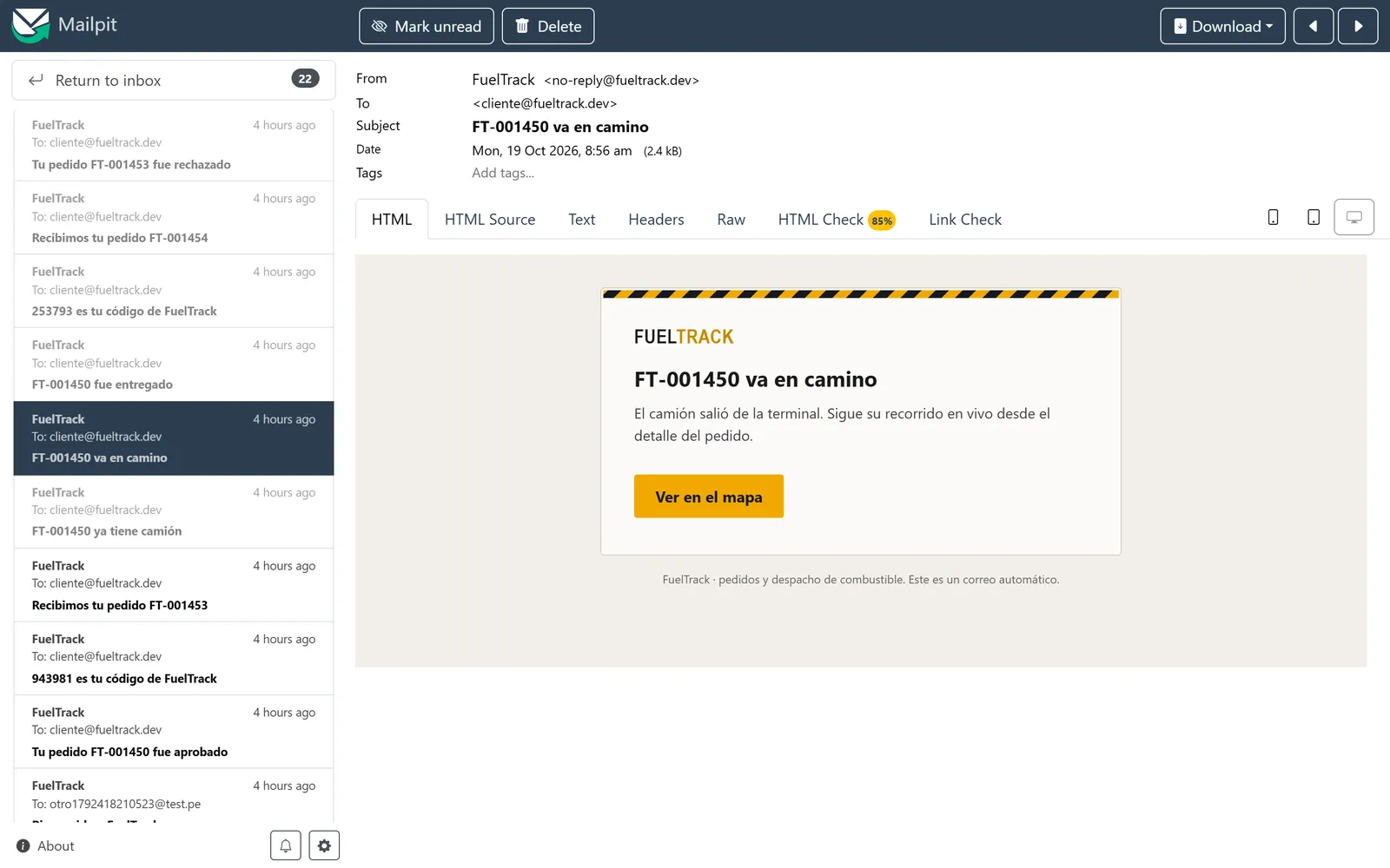 Transactional e-mail sent by the Notifications service on each status change (local SMTP inbox)
