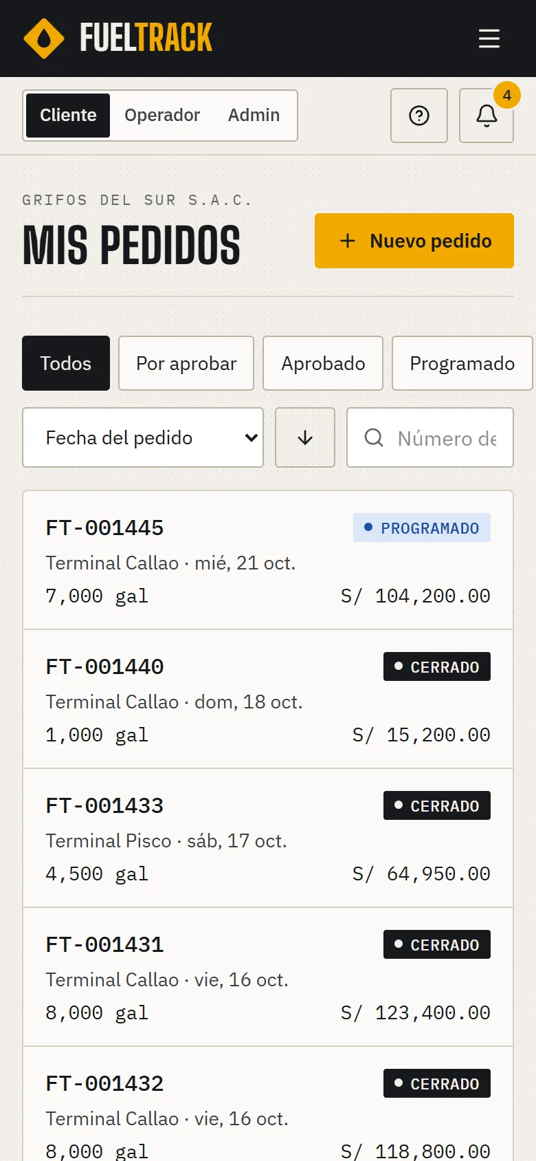 Order history on mobile