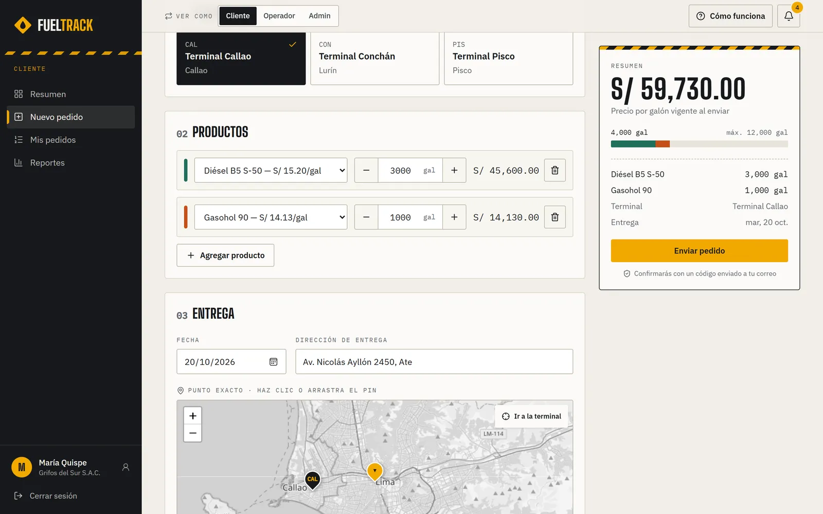 New order with live total, volume gauge and the delivery point picked on the map