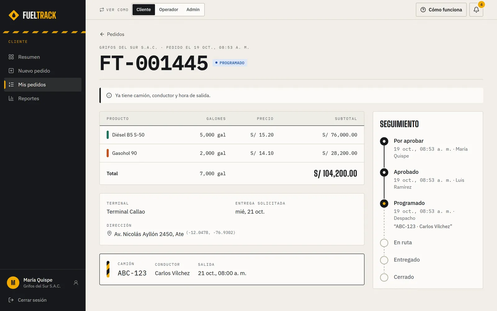 Live GPS tracking: route, distance left and ETA while the tanker is on its way