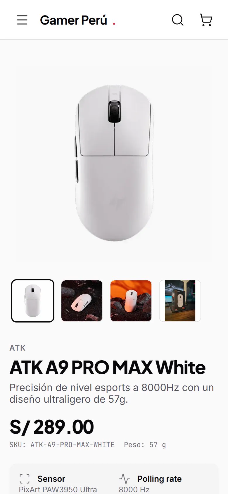 Product page on mobile